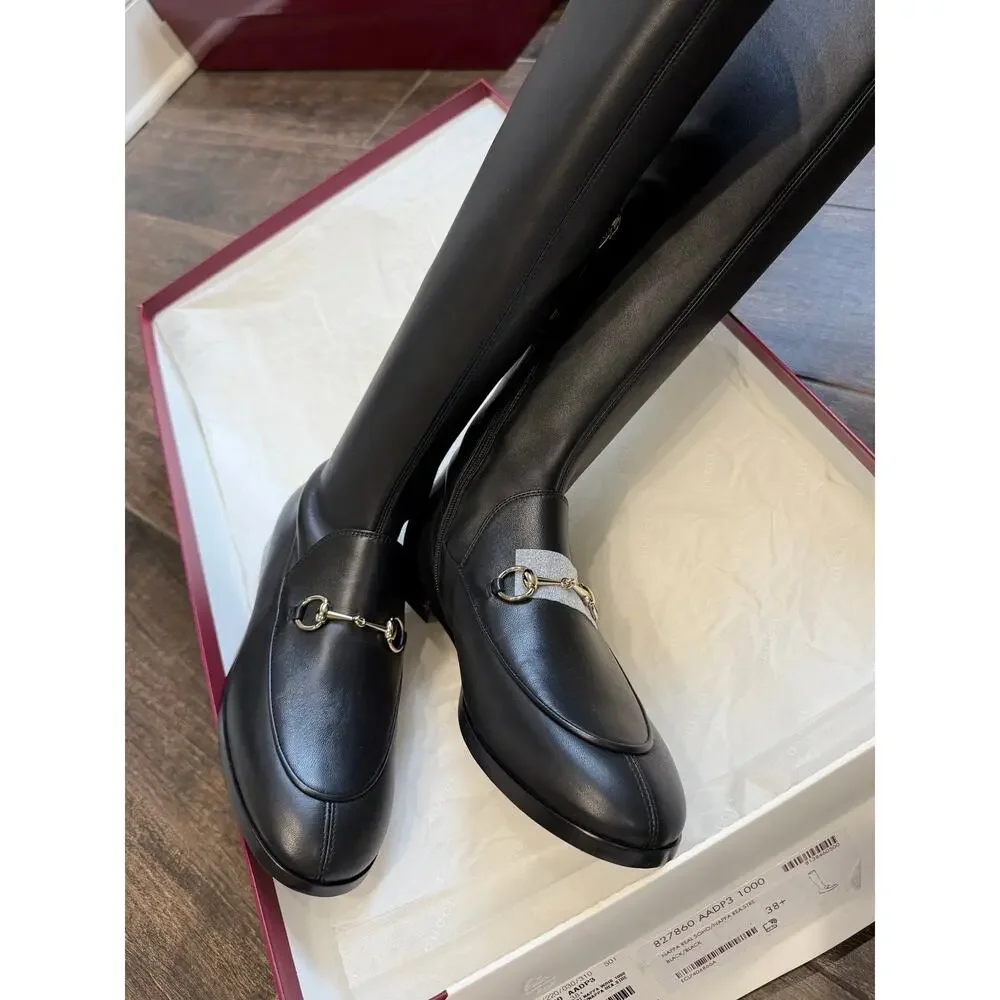 Gucci Jordaan Leather Knee High Boots Black Lambskin Horsebit Size 38.5 BNIB